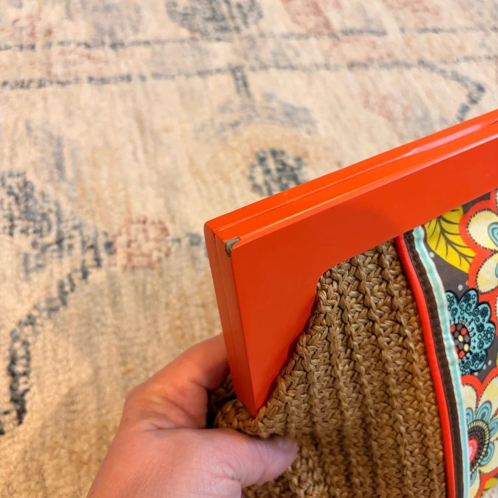 Vera Bradley Boho Chic Wood Straw Clutch Orange Floral 70s Retro Concert Cottage
